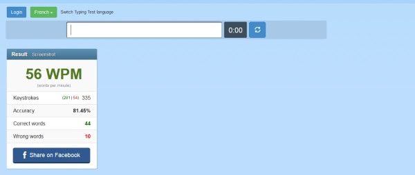 apprendre à frapper à 10 doigts au début score vitesse de frappe 56 mots par minute au début de la nouvelle méthode à 10 doigts