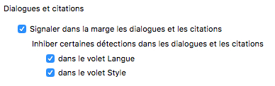 Capture d'écran Antidote 9 présentant les options Dialogues et Citations