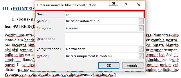 Capture d'écran de la création d'un nouveau bloc de construction