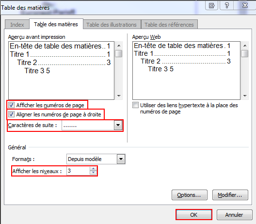 Capture d'écran montrant les options à valider avant l'insertion d'une table des matières