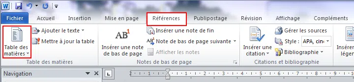 Capture d'écran de l'onglet Références, puis Table des matières sur Word