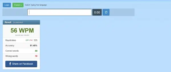 score vitesse de frappe 56 mots par minute au début de la nouvelle méthode à 10 doigts