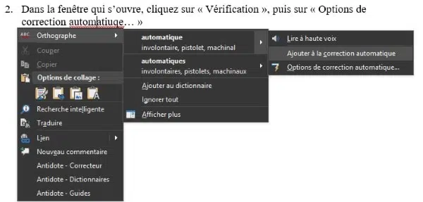 Capture d'écran de Word 2016 : correction automatique