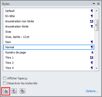 Capture d'écran Word : Liste des styles
