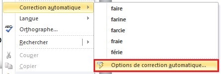 Capture d'écran de Word : cliquer sur options de correction automatique