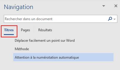 Capture d'écran Word : navigation dans le document