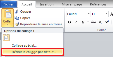 capture d'écran de Word : définir collage par défaut