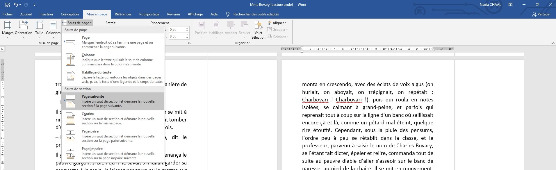 Capture d'écran Word : insérer une nouvelle section