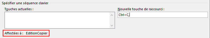 Capture d’écran de Word : notification de raccourci déjà affecté