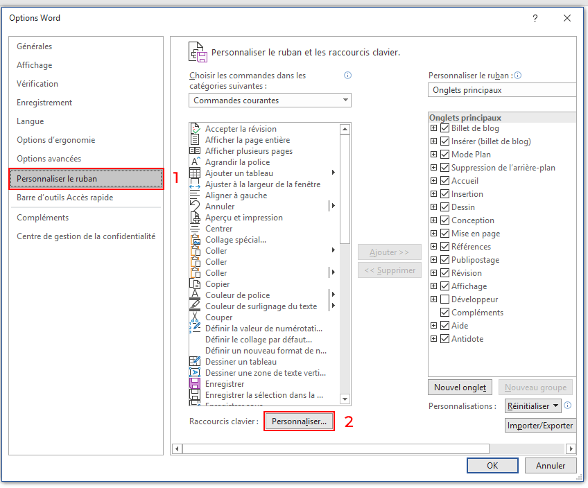 Capture d’écran de Word : personnaliser le ruban